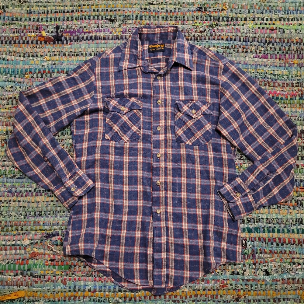 Vintage 70s Sears Thumbs Up Button Up Down Shirt M Blue Plaid Western Pocket